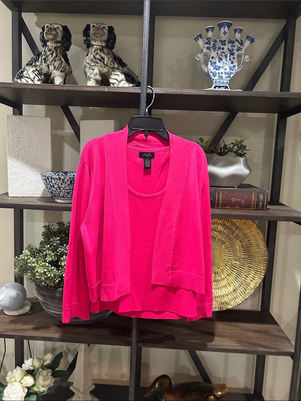 Grace knit dressing neckWomen's Hot Pink Open-Front Cardigan with Matching Shell